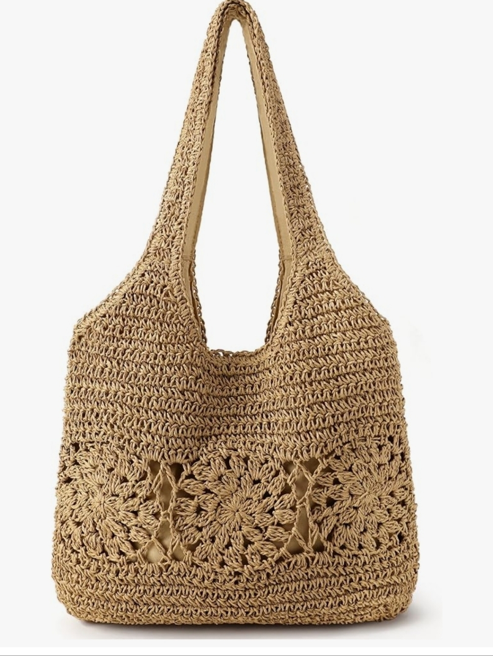 Woven Floral Straw Tote Bag for Women – Natural